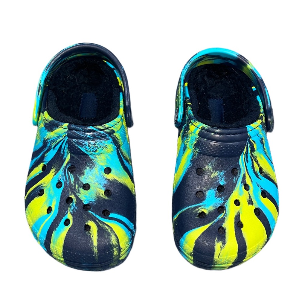 Crocs Classic Lined Clogs Blue Yellow Tie-Dye | Kids Size 12